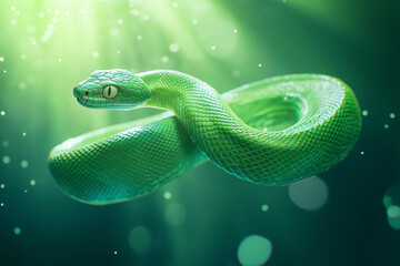 Obraz premium Graceful green snake with glowing light.