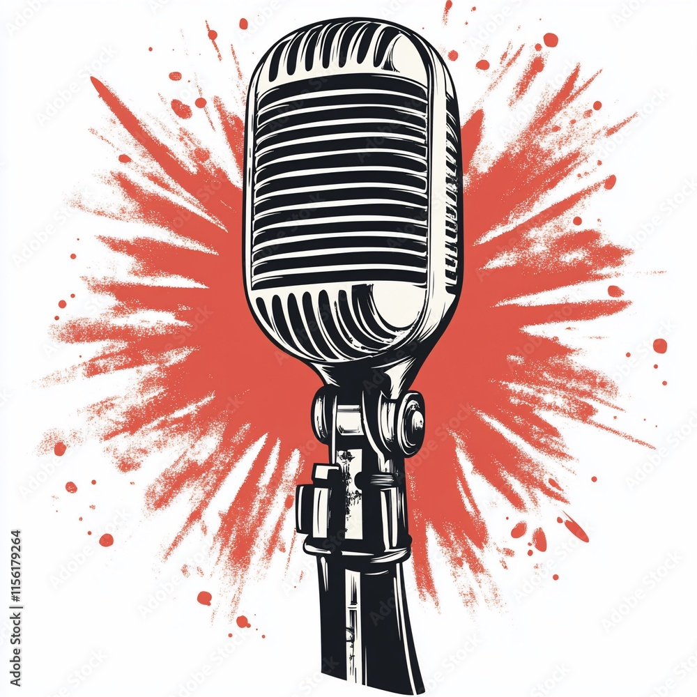 Poster retro microphone illustration with red splash background.