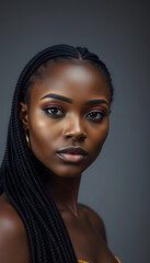 Fototapeta premium Portrait of beautiful serene African girl over grey studio background. African beauty with makeup and long hair, dinamic scene, with white tones