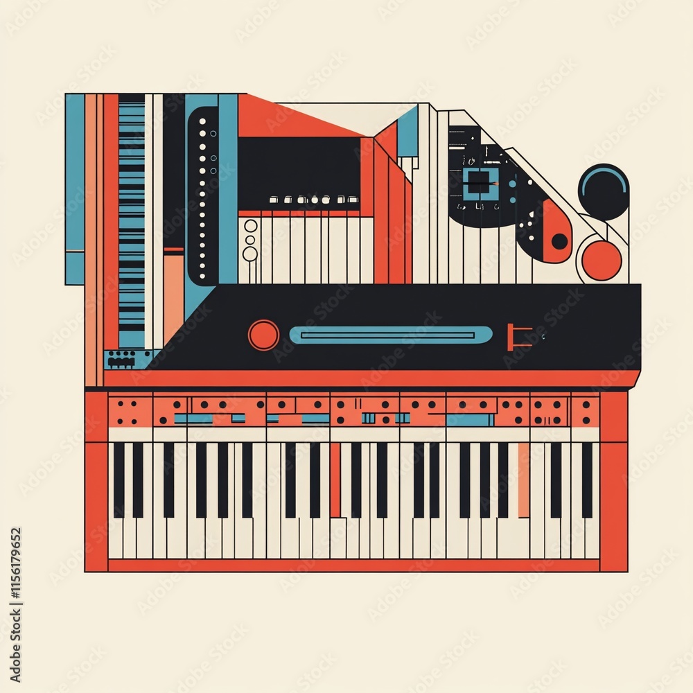 Aufkleber abstract illustration of a vintage synthesizer keyboard with geometric design elements in red, blue,