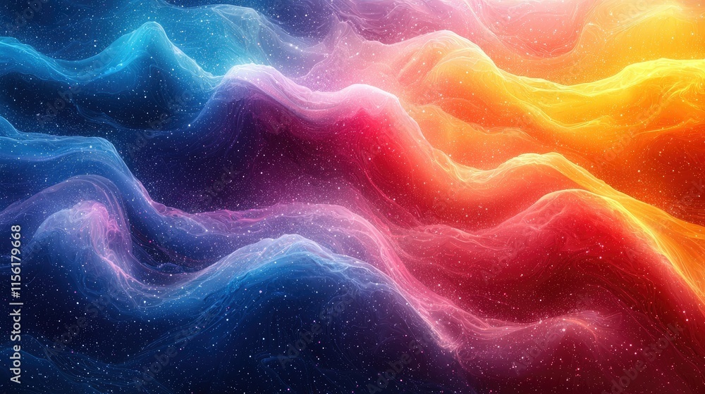 Poster abstract waves of color and light, creating a mesmerizing cosmic atmosphere.