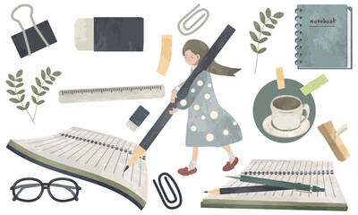 水彩で描いたかわいい文房具の素材セット