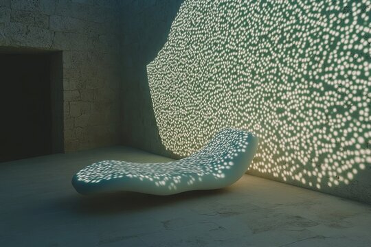 A futuristic home with glowing walls, digital interfaces integrated into furniture, and a sleek minimalist design