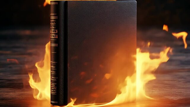 A book with a solid black cover is engulfed in flames, symbolizing a dramatic moment of destruction. This act raises questions about control over information and ideas in today's society