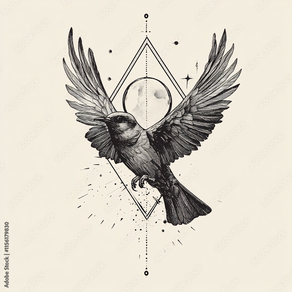 Poster monochrome illustration of a bird in flight, surrounded by geometric shapes and celestial elements.