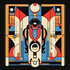 Abstract geometric art featuring symmetrical shapes, vibrant colors, and intricate patterns in a square format.