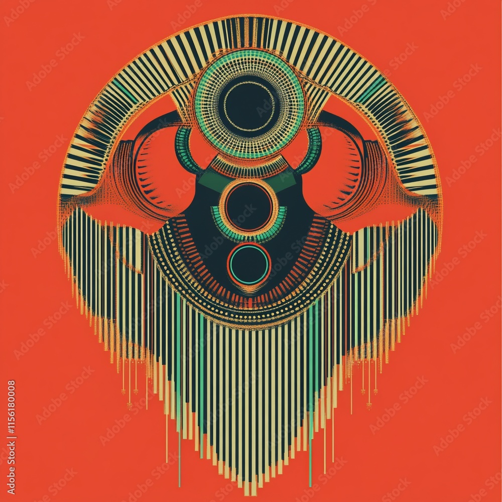 Poster abstract geometric design with vibrant colors and intricate patterns, resembling a stylized mask or 