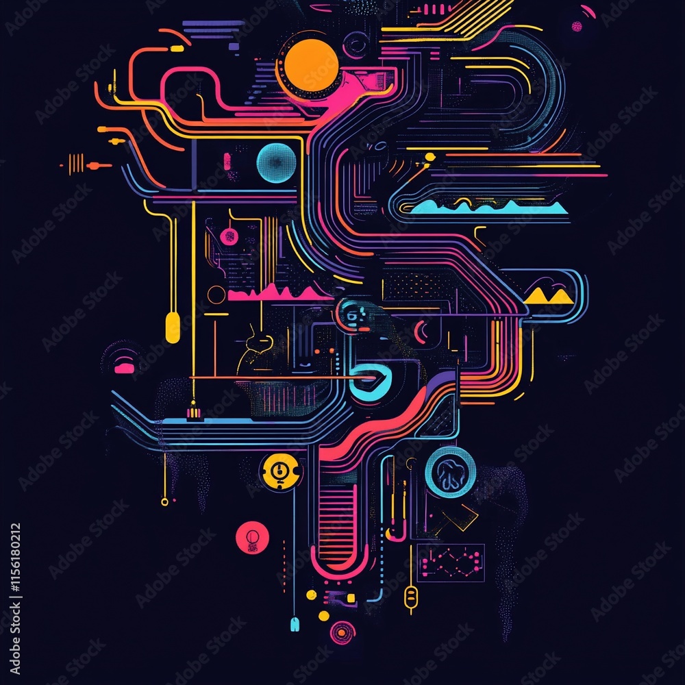 Poster abstract digital art with vibrant lines, shapes, and colors forming a complex network.