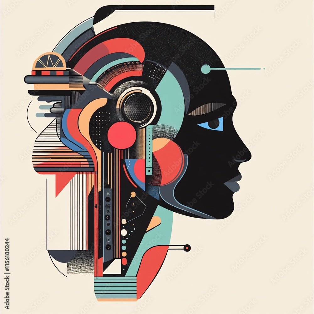 Poster abstract profile portrait of a person's head with geometric and mechanical elements integrated into 