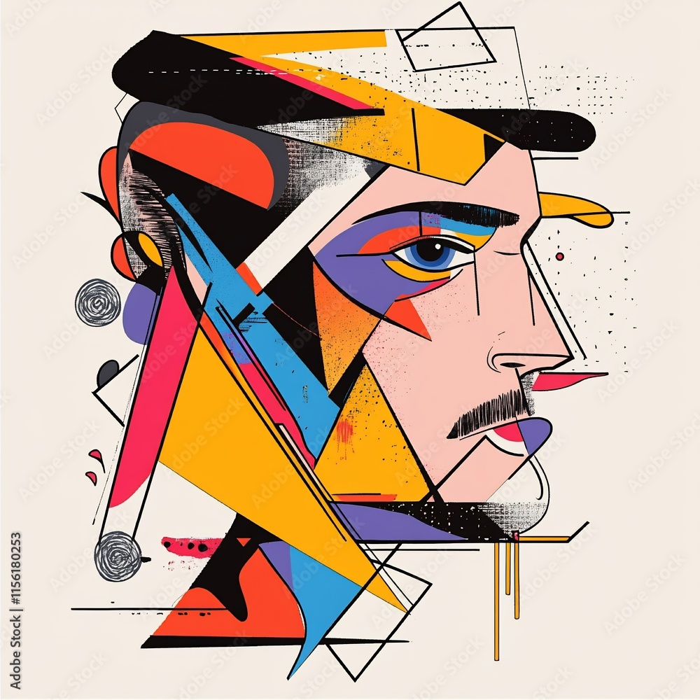 Poster abstract cubist portrait of a man with bold geometric shapes and vibrant colors.