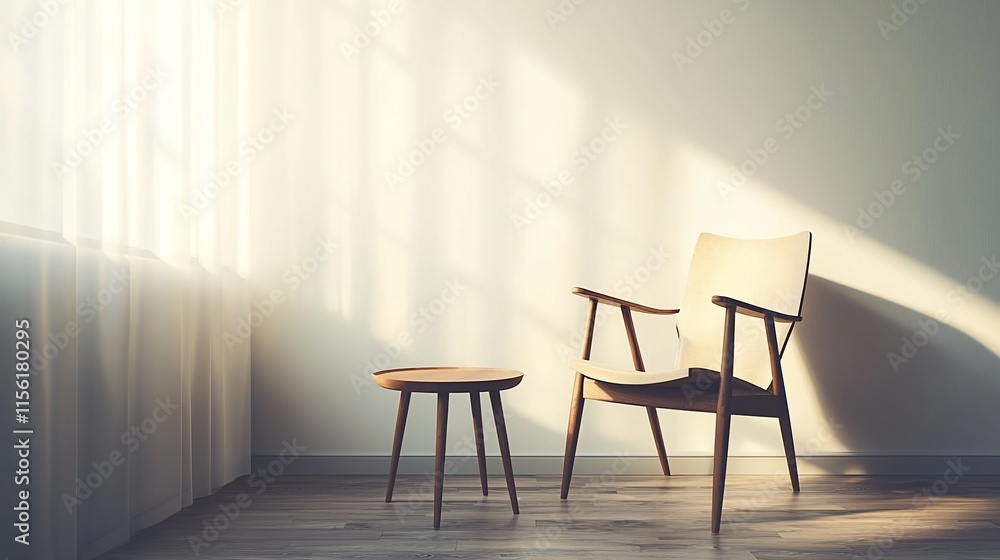 Poster sunlight illuminates a wooden chair and small side table in a minimalist room.