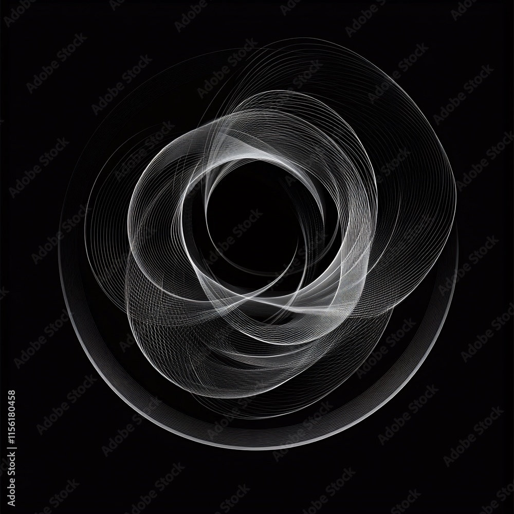 Poster abstract swirling white lines forming a circular pattern on black background.