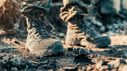 A close-up of military boots and tactical gear on the ground during a combat operation, surrounded by dirt and debris, emphasizing the rugged environment and the readiness for action.

