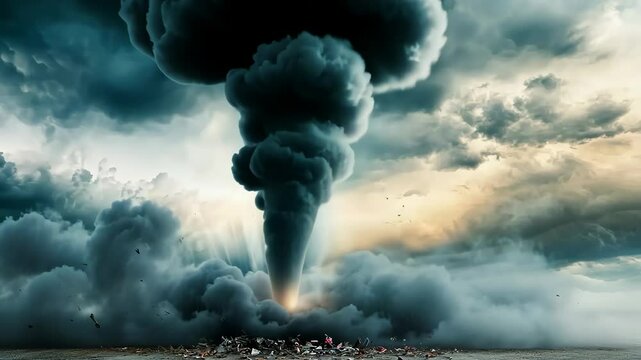 Massive tornado funnel cloud spinning under a stormy sky, with debris swirling in the air, depicting extreme weather and natural disaster

