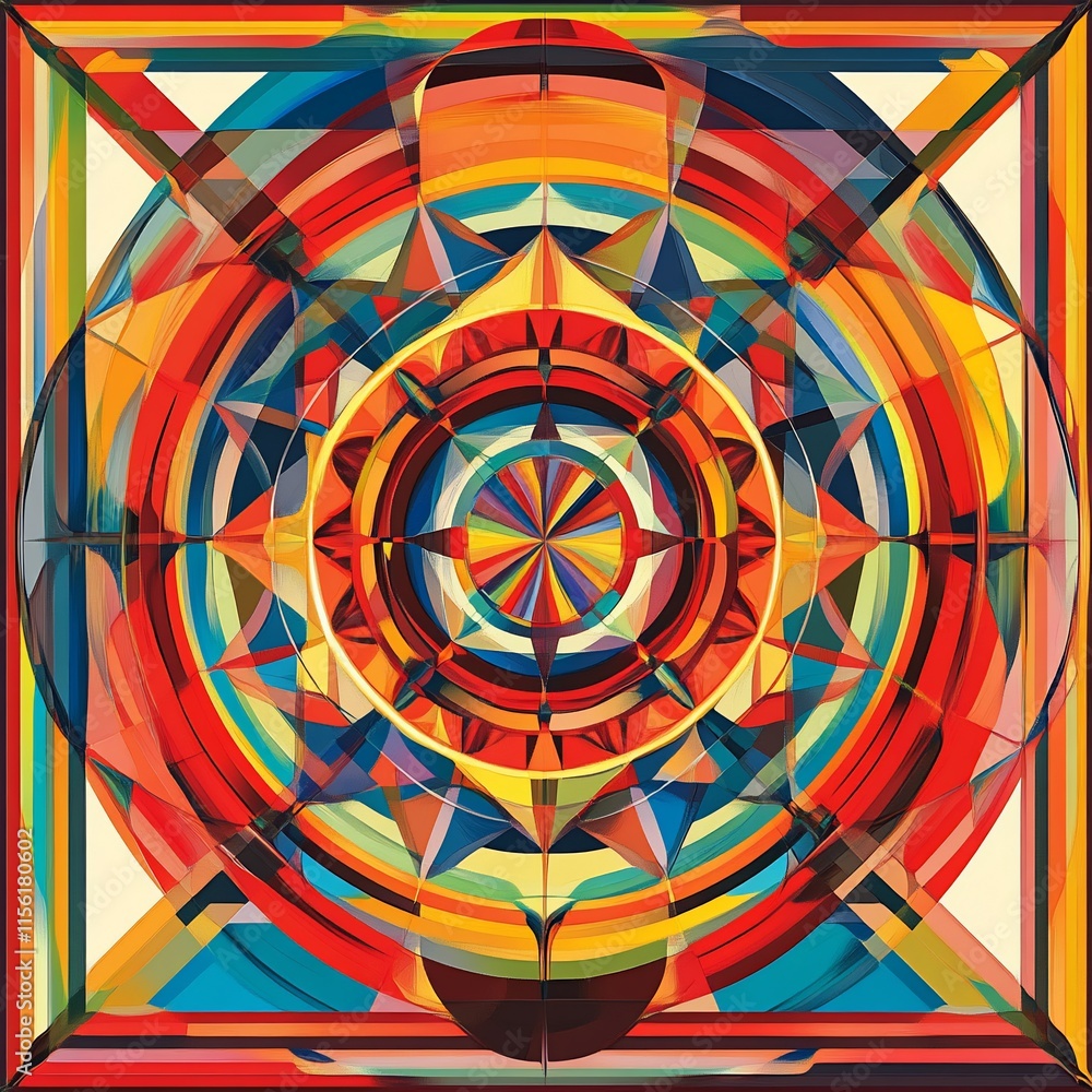 Poster Abstract geometric art with vibrant colors and concentric circles, creating a mandala-like design.