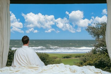 A hypnotist guiding a subject into a deep state of relaxation, with soothing waves visible through a nearby window