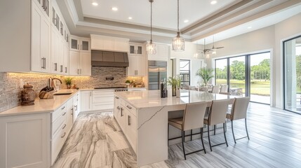 Modern white kitchen with island, marble flooring, and large windows overlooking a patio.