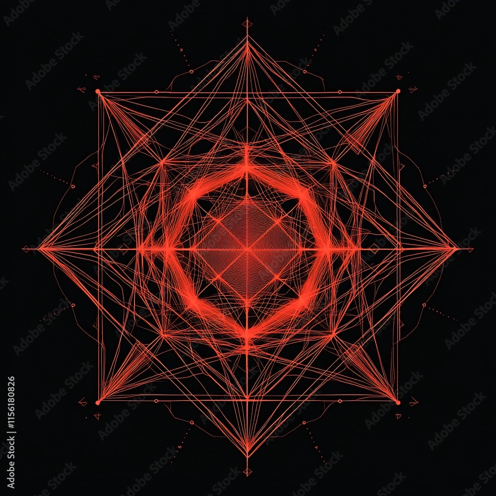 Poster Abstract red geometric pattern on black background.