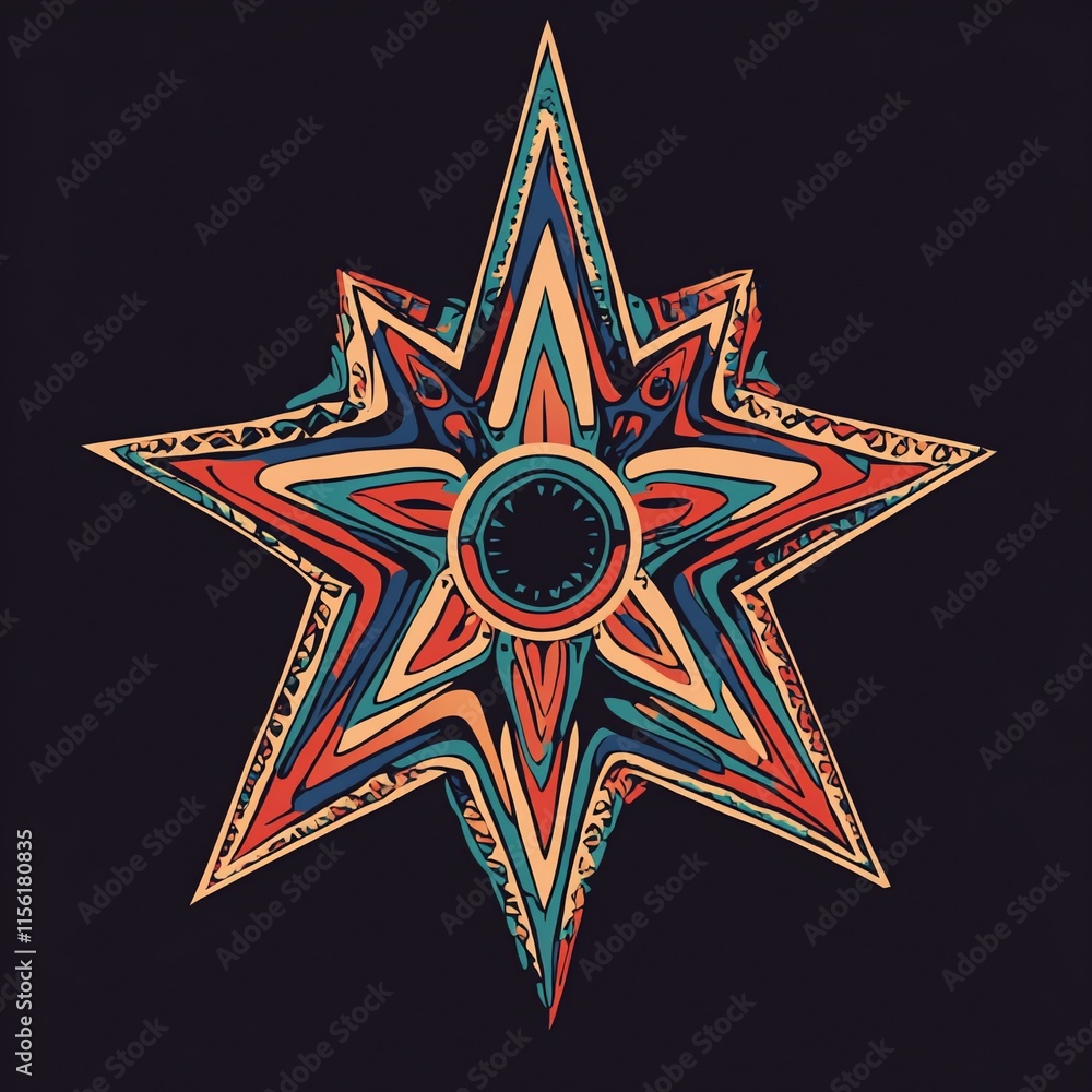 Poster Abstract colorful starburst design with intricate swirling patterns and a central circle.