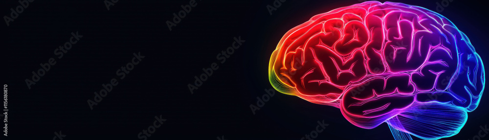 Poster neurotechnology brain computer interfaces. vibrant neon brain illustration on a dark background, sym