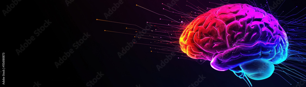 Poster neurotechnology brain computer interfaces. vibrant digital illustration of a brain with colorful eff