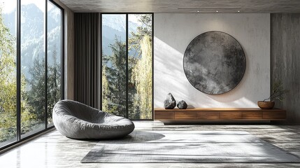 Chic Minimalist Home Interior: Modern Living Room with Stylish Cabinet and Stone Sculpture