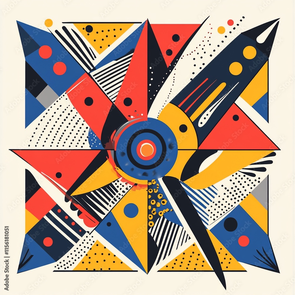 Poster abstract geometric artwork with vibrant colors and dynamic shapes.