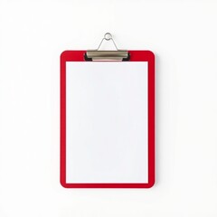 Red clipboard with white paper, isolated on a white background. 