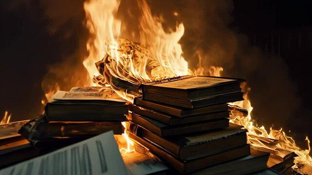 Stacks of books burn brightly under the night sky, creating a powerful visual of destruction. The flames consume the pages, highlighting the fragility of knowledge