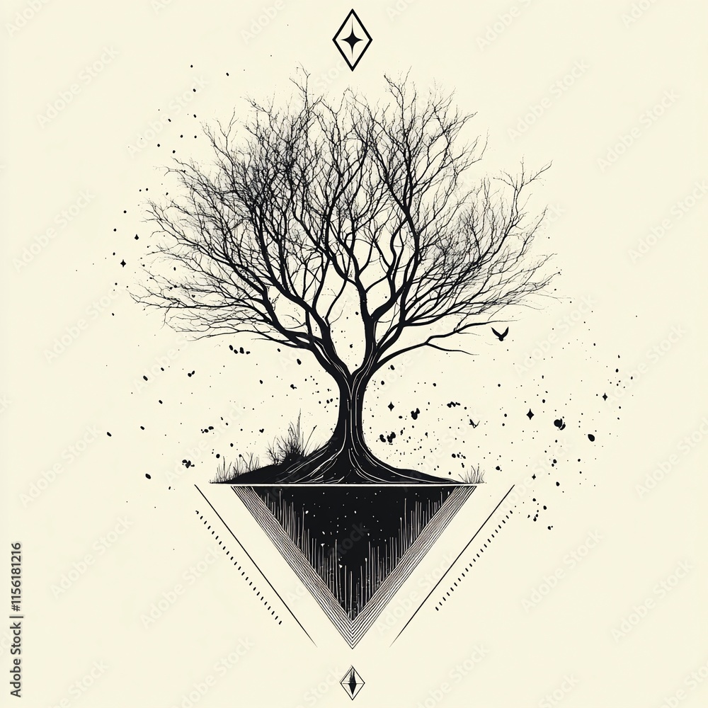 Poster Stylized illustration of a bare tree on a floating island, with geometric patterns and scattered elements.