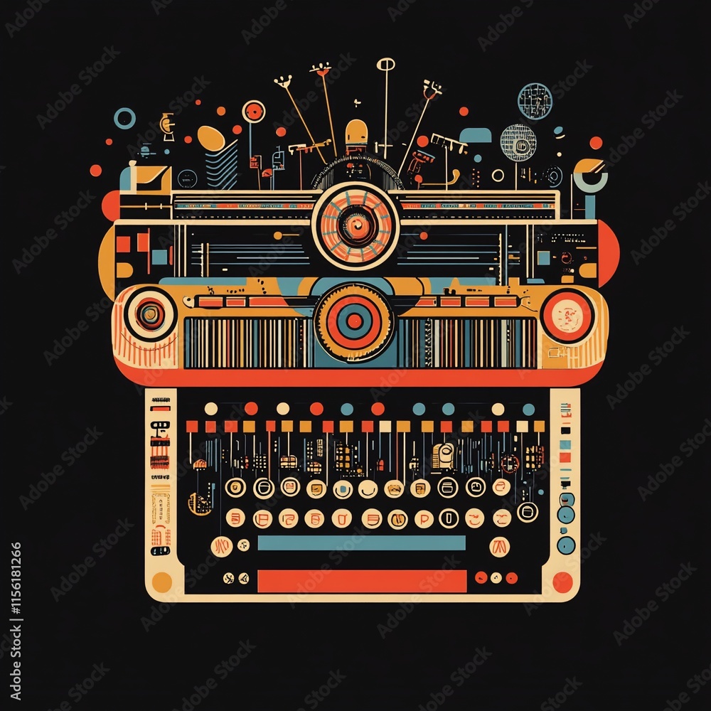 Poster Retro-futuristic typewriter design with colorful, intricate details and various elements.
