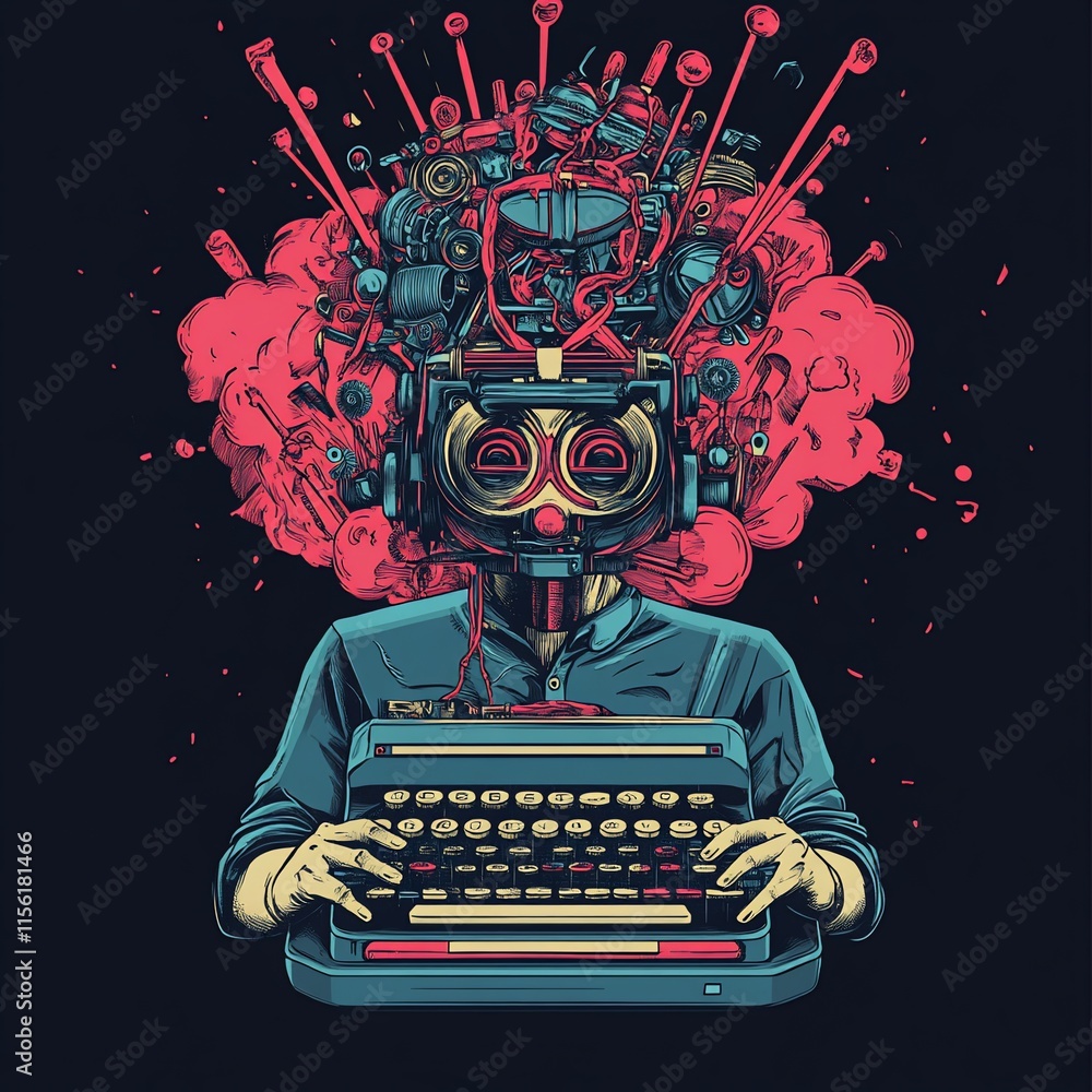 Poster a robotic figure with a typewriter, surrounded by a vibrant explosion of ideas.