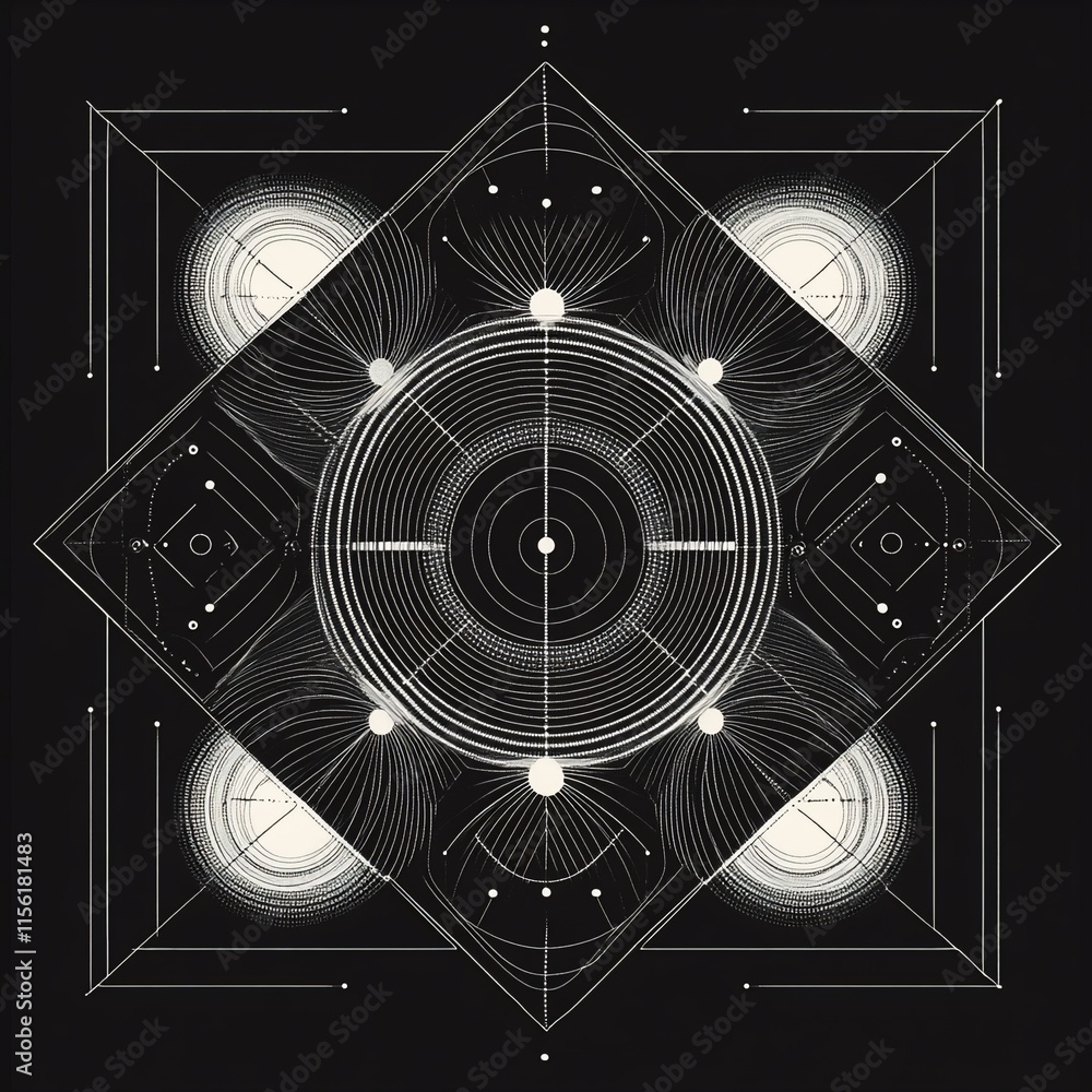 Poster Abstract geometric design with concentric circles, lines, and shapes creating a symmetrical pattern on a black background.