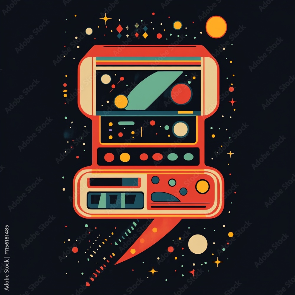 Poster retro futuristic space device illustration with vibrant colors and geometric shapes against a dark b