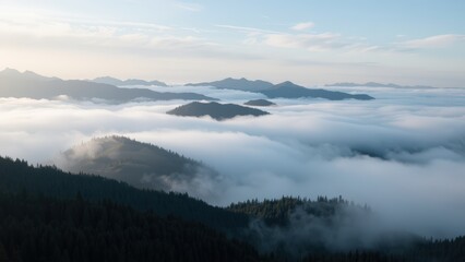 Mystical Mountain Peaks Emerging from a Sea of Clouds at Sunrise