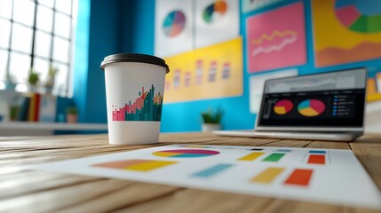 Coffee cup and laptop with charts on desk.