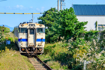 Naklejka premium 秋の指宿枕崎線を走るキハ47 鹿児島県指宿市 Kiha 47 running on the Ibusuki Makurazaki Line in autumn. Kagoshima Pref, Ibusuki City.