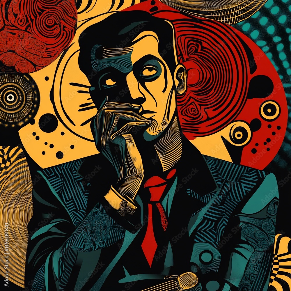 Aufkleber a stylized portrait of a pensive man in a suit, surrounded by abstract swirling patterns.