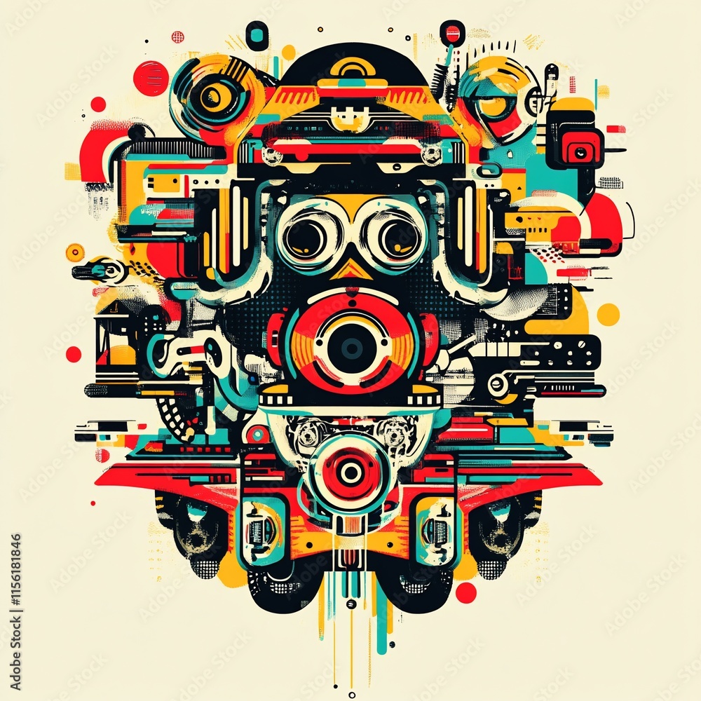 Poster Abstract colorful robotic face illustration with various mechanical and technological elements.