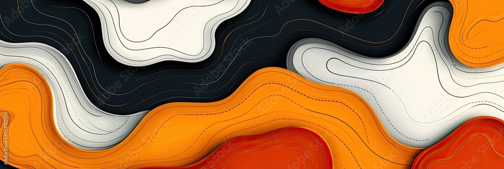 Poster abstract wavy patterns in orange, black, white, and red, creating a dynamic visual effect.