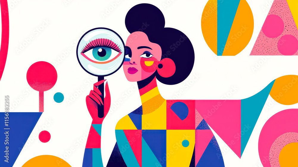 Poster Colorful abstract art featuring a woman holding a magnifying glass and examining shapes and patterns