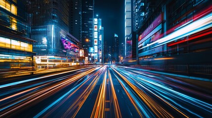 Fototapeta premium Vibrant city street at night with light trails.