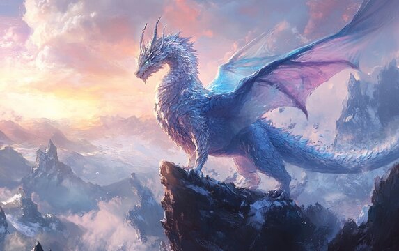 Majestic ice dragon perched atop a mountain peak at sunrise, overlooking a vast, misty landscape.