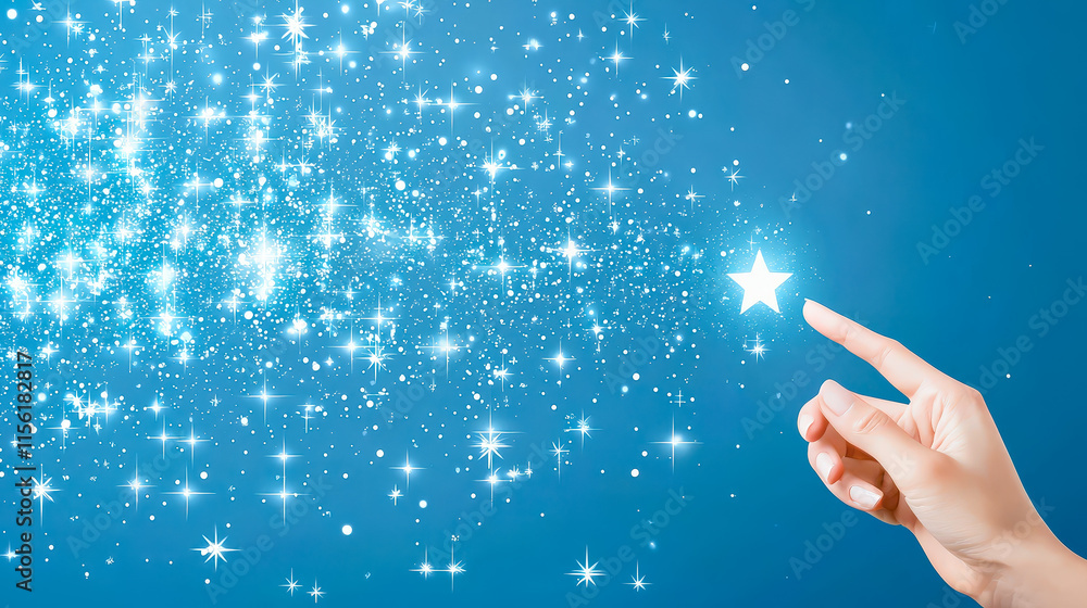 Poster magic sparkles and a guiding hand reach out to a glowing star in a serene blue sky setting