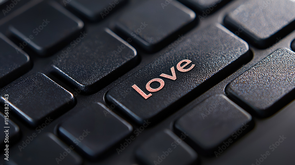 Poster close-up view of a keyboard key with the word love highlighted in a creative design
