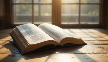 Open Book on Wooden Table Sunlight Through Window Reading Knowledge Wisdom Education