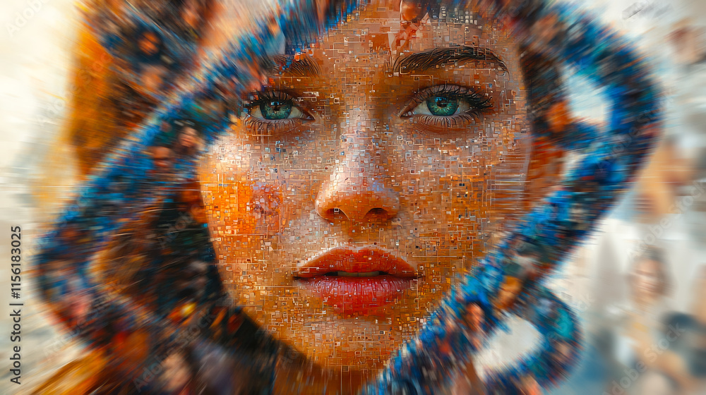 Poster artistic representation of a woman's face made of small images capturing human emotions and diversit