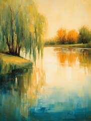 Serene sunset reflecting on calm river water with weeping willows and autumn trees.