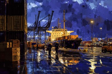 Urban Night Scene at a Port Featuring Cargo Ship, Container Stacks, and Reflections on Wet Pavement Under Dramatic Cloudy Sky with Industrial Cranes