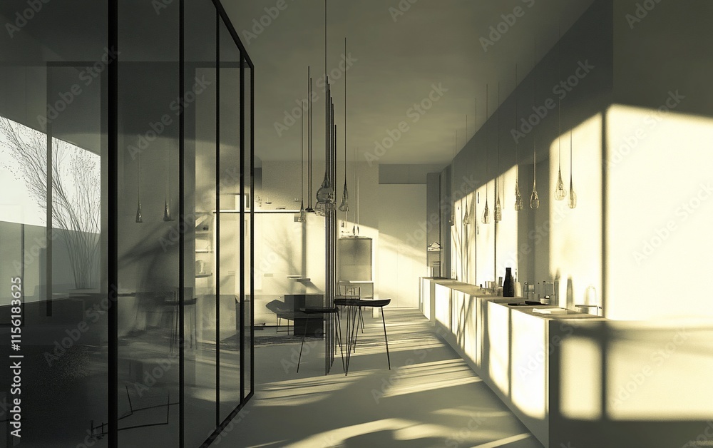 Poster Minimalist modern interior design with sunlight streaming through large windows.